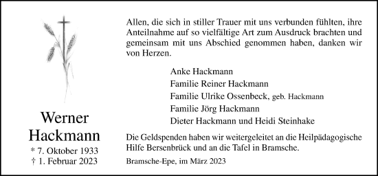 Traueranzeige von Werner Hackmann von Neue Osnabrücker Zeitung GmbH & Co. KG