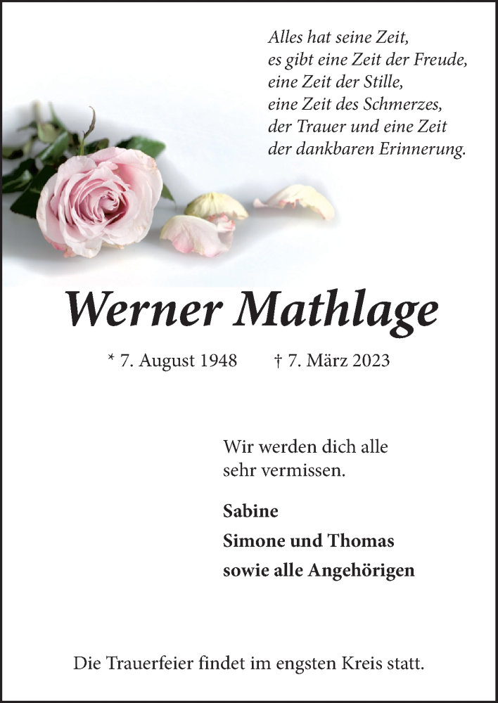  Traueranzeige für Werner Mathlage vom 18.03.2023 aus Neue Osnabrücker Zeitung GmbH & Co. KG