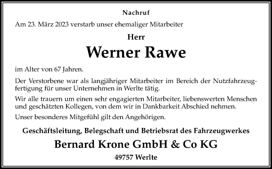 Traueranzeige von Werner Rawe von Neue Osnabrücker Zeitung GmbH & Co. KG