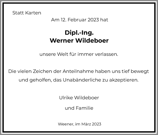 Traueranzeige von Werner Wildeboer von Neue Osnabrücker Zeitung GmbH & Co. KG