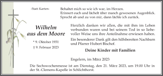 Traueranzeige von Wilhelm aus dem Moore von Neue Osnabrücker Zeitung GmbH & Co. KG