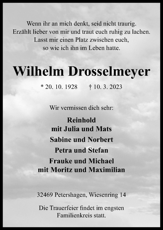 Traueranzeige von Wilhelm Drosselmeyer von Neue Osnabrücker Zeitung GmbH & Co. KG