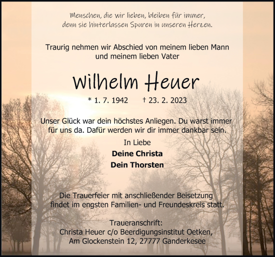 Traueranzeige von Wilhelm Heuer von DK Medien GmbH & Co. KG