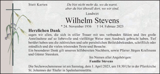 Traueranzeige von Wilhelm Stevens von Neue Osnabrücker Zeitung GmbH & Co. KG