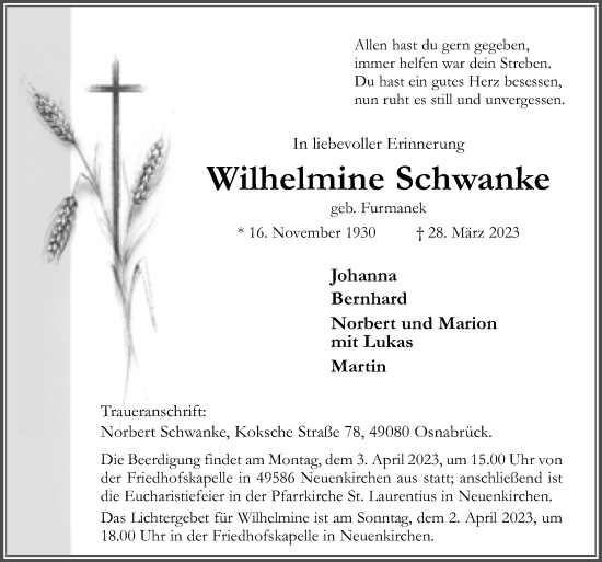Traueranzeige von Wilhelmine Schwanke von Neue Osnabrücker Zeitung GmbH & Co. KG
