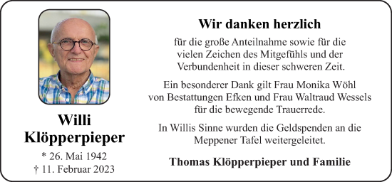 Traueranzeige von Willi Klöpperpieper von Neue Osnabrücker Zeitung GmbH & Co. KG