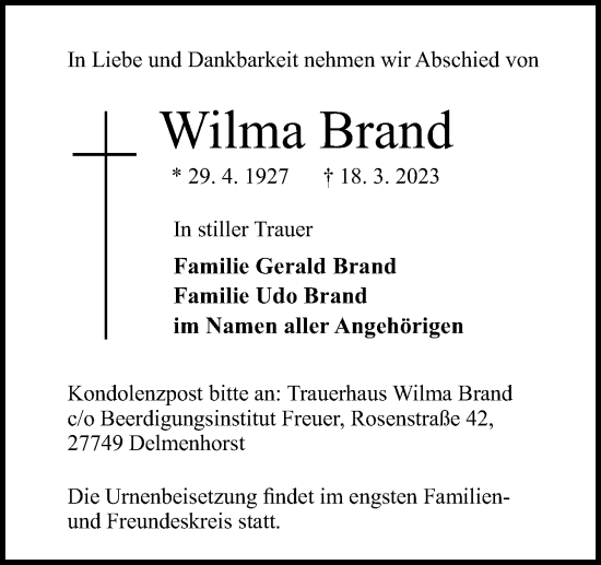 Traueranzeige von Wilma Brand von DK Medien GmbH & Co. KG