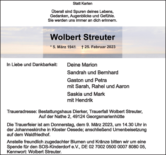 Traueranzeige von Wolbert Streuter von Neue Osnabrücker Zeitung GmbH & Co. KG