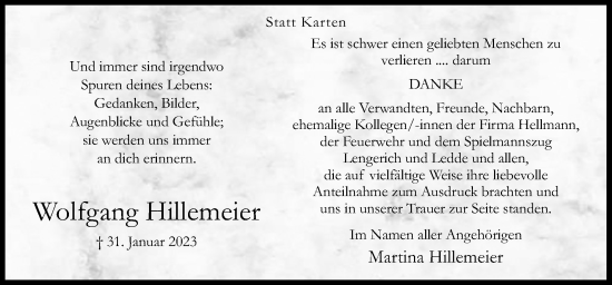 Traueranzeige von Wolfgang Hillemeier von Neue Osnabrücker Zeitung GmbH & Co. KG