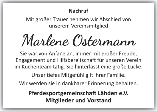 Traueranzeige von Marlene Ostermann von Neue Osnabrücker Zeitung GmbH & Co. KG