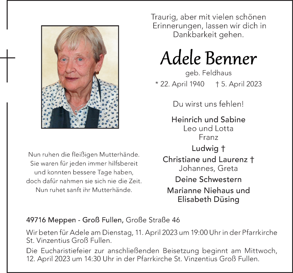  Traueranzeige für Adele Benner vom 08.04.2023 aus Neue Osnabrücker Zeitung GmbH & Co. KG