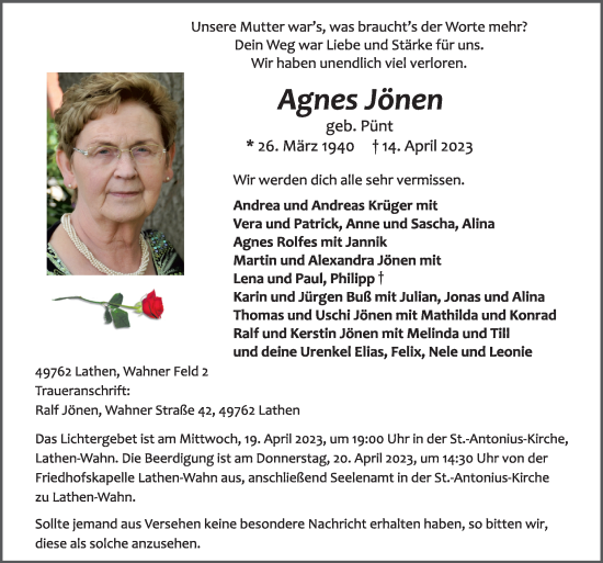 Traueranzeige von Agnes Jönen von Neue Osnabrücker Zeitung GmbH & Co. KG