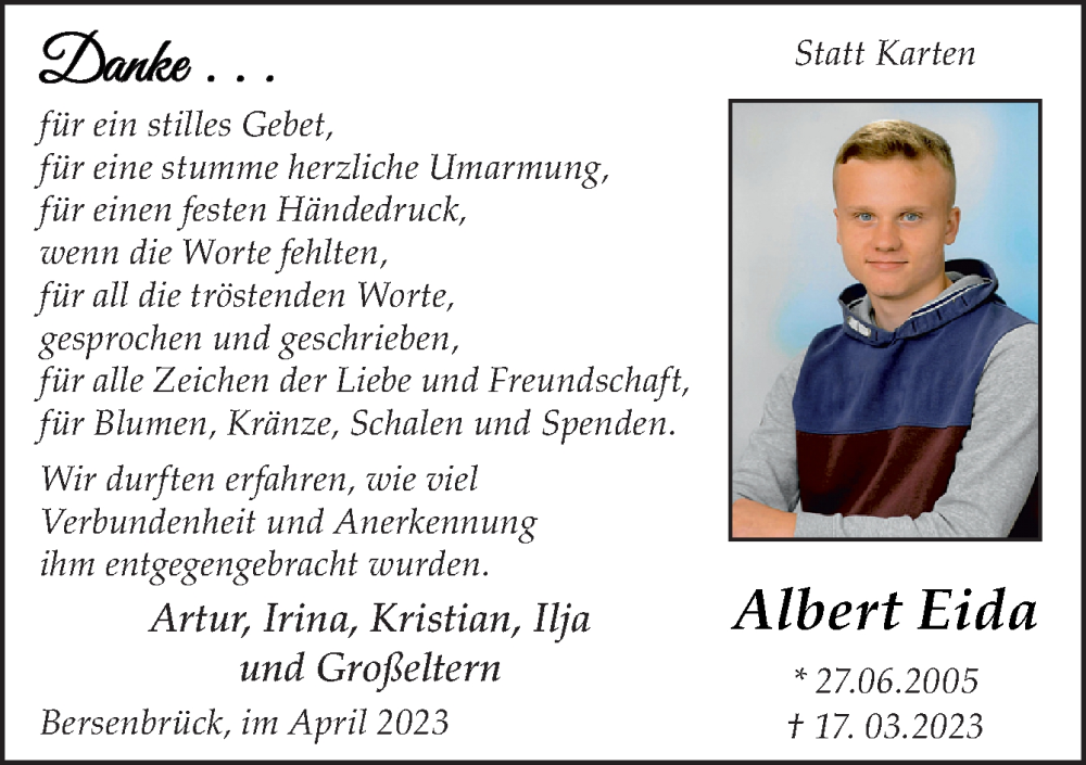  Traueranzeige für Albert Eida vom 01.04.2023 aus Neue Osnabrücker Zeitung GmbH & Co. KG