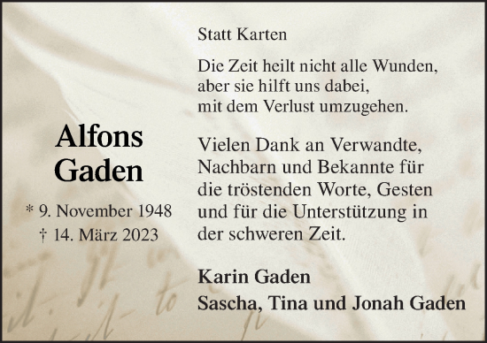 Traueranzeige von Alfons Gaden von Neue Osnabrücker Zeitung GmbH & Co. KG