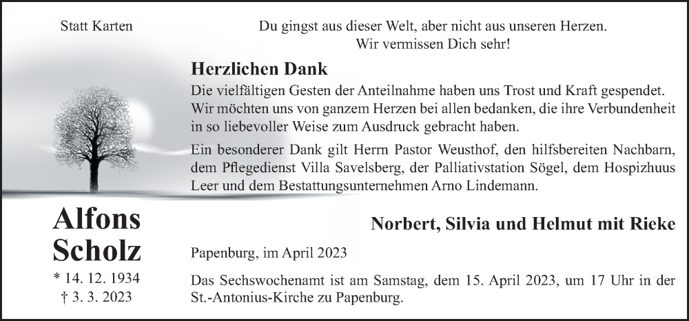  Traueranzeige für Alfons Scholz vom 13.04.2023 aus Neue Osnabrücker Zeitung GmbH & Co. KG