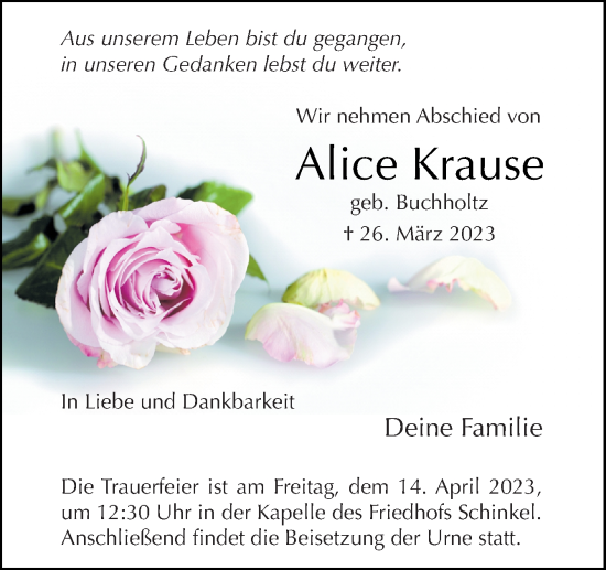 Traueranzeige von Alice Krause von Neue Osnabrücker Zeitung GmbH & Co. KG