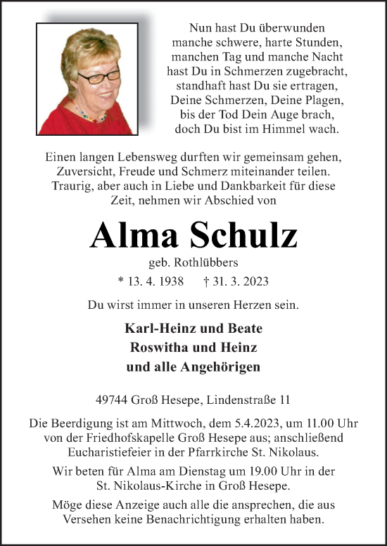 Traueranzeige von Alma Schulz von Neue Osnabrücker Zeitung GmbH & Co. KG