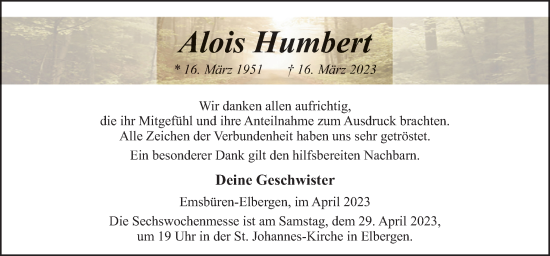 Traueranzeige von Alois Humbert von Neue Osnabrücker Zeitung GmbH & Co. KG