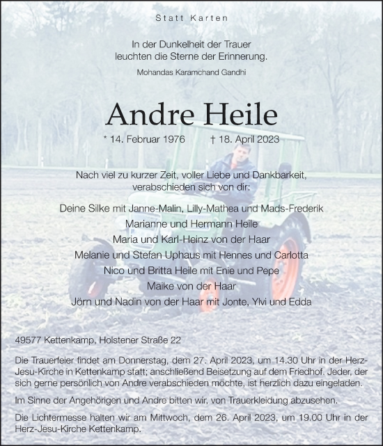 Traueranzeige von Andre Heile von Neue Osnabrücker Zeitung GmbH & Co. KG