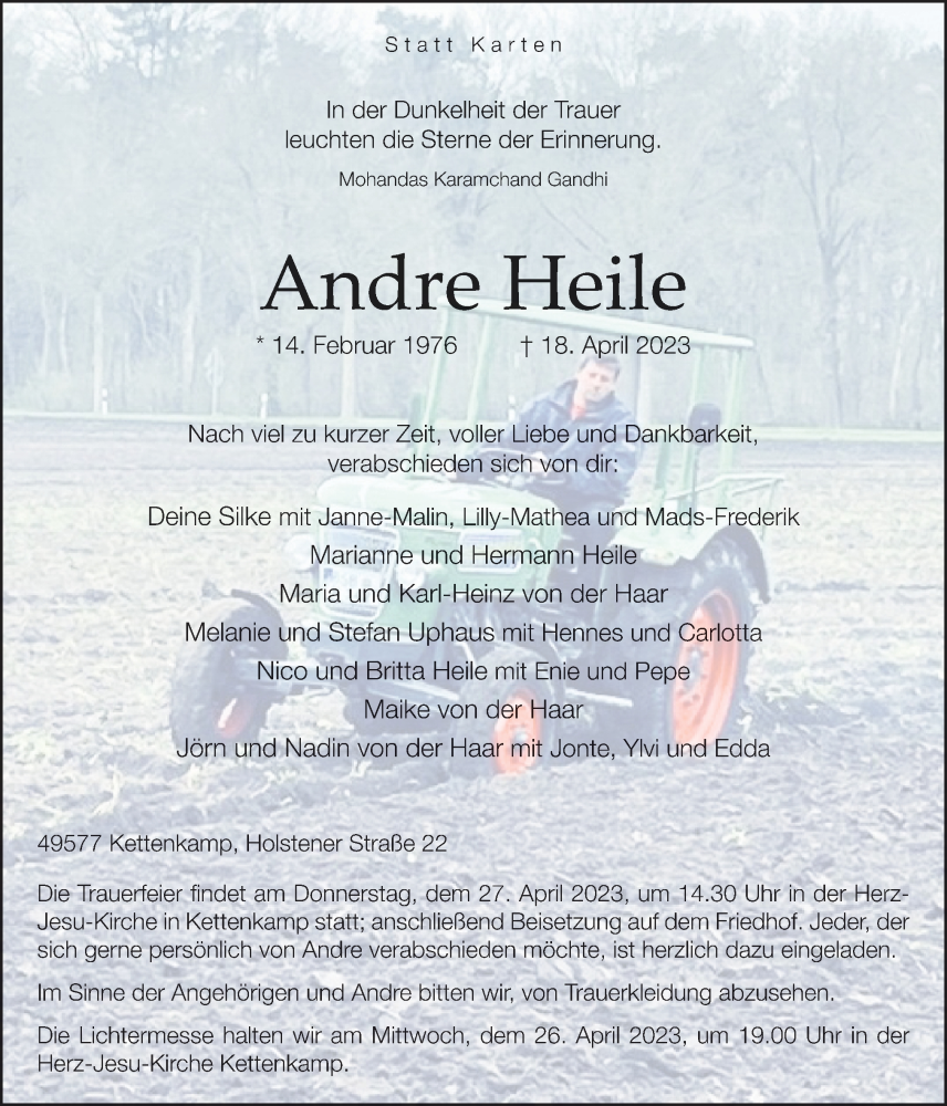  Traueranzeige für Andre Heile vom 24.04.2023 aus Neue Osnabrücker Zeitung GmbH & Co. KG