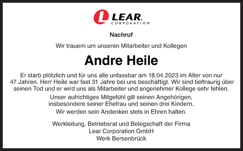  Traueranzeige für Andre Heile vom 26.04.2023 aus Neue Osnabrücker Zeitung GmbH & Co. KG