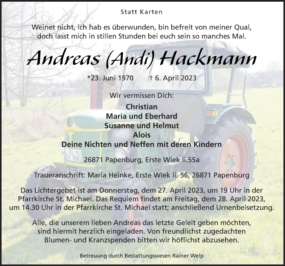  Traueranzeige für Andreas Hackmann vom 12.04.2023 aus Neue Osnabrücker Zeitung GmbH & Co. KG