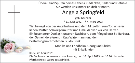 Traueranzeige von Angela Springfeld von Neue Osnabrücker Zeitung GmbH & Co. KG