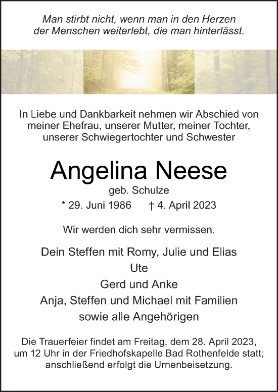 Traueranzeige von Angelina Neese von Neue Osnabrücker Zeitung GmbH & Co. KG