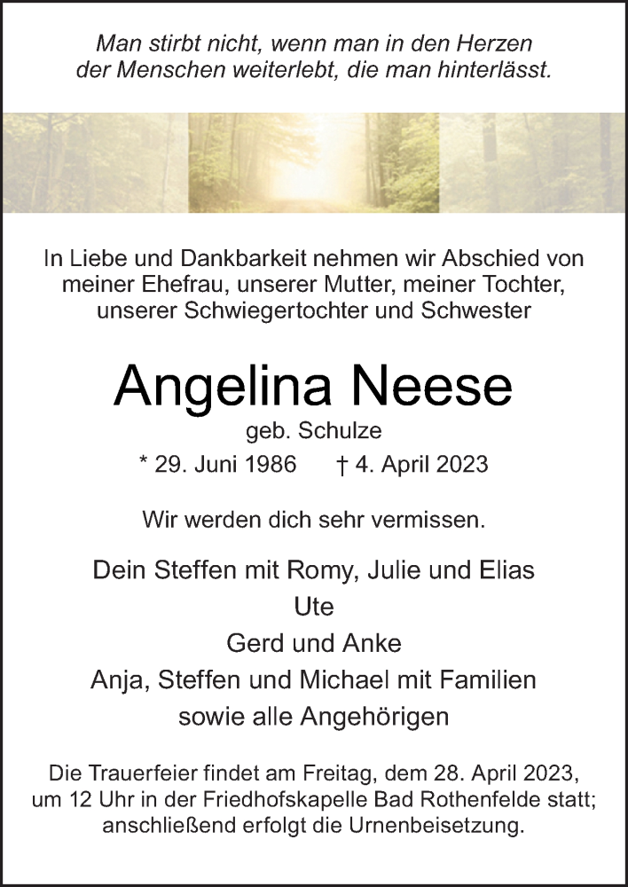  Traueranzeige für Angelina Neese vom 22.04.2023 aus Neue Osnabrücker Zeitung GmbH & Co. KG