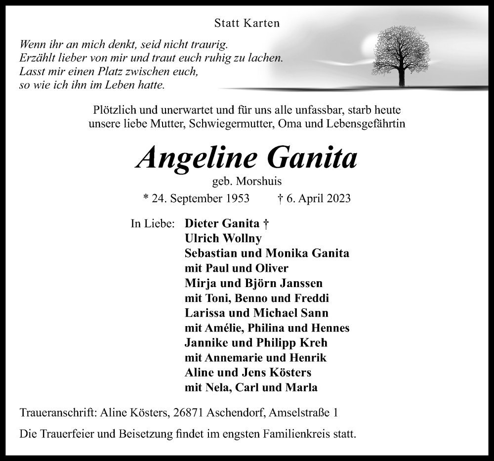  Traueranzeige für Angeline Ganita vom 12.04.2023 aus Neue Osnabrücker Zeitung GmbH & Co. KG