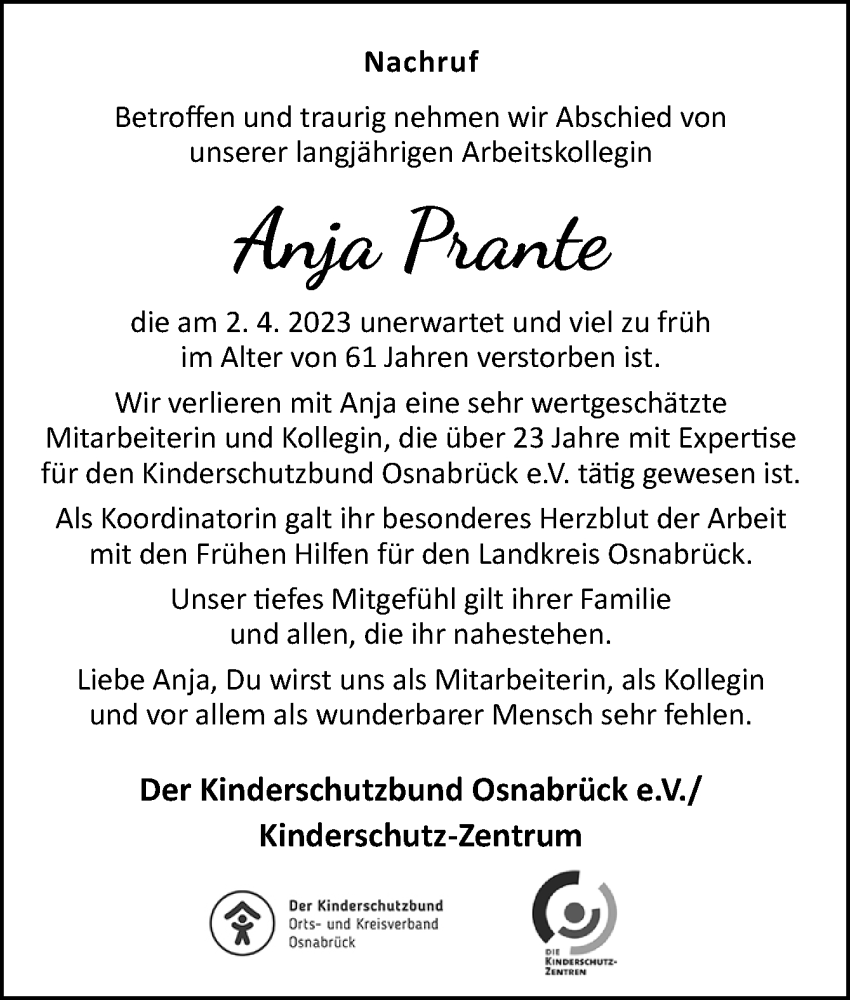  Traueranzeige für Anja Prante vom 17.04.2023 aus Neue Osnabrücker Zeitung GmbH & Co. KG