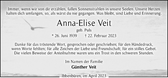 Traueranzeige von Anna-Elise Veit von Neue Osnabrücker Zeitung GmbH & Co. KG