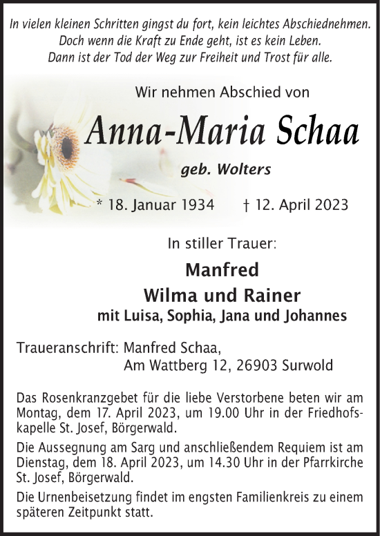 Traueranzeige von Anna-Maria Schaa von Neue Osnabrücker Zeitung GmbH & Co. KG