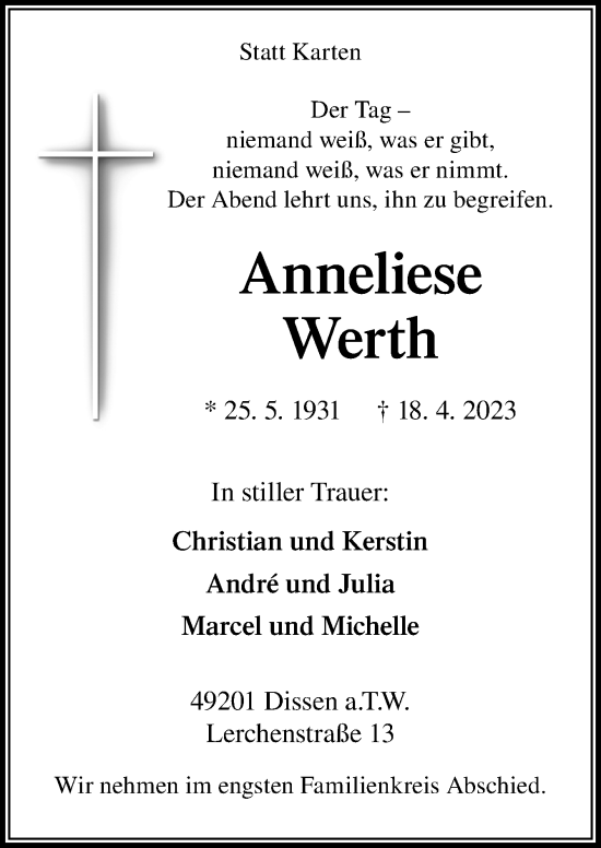 Traueranzeige von Anneliese Werth von Neue Osnabrücker Zeitung GmbH & Co. KG