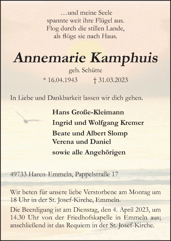 Traueranzeige von Annemarie Kamphuis von Neue Osnabrücker Zeitung GmbH & Co. KG