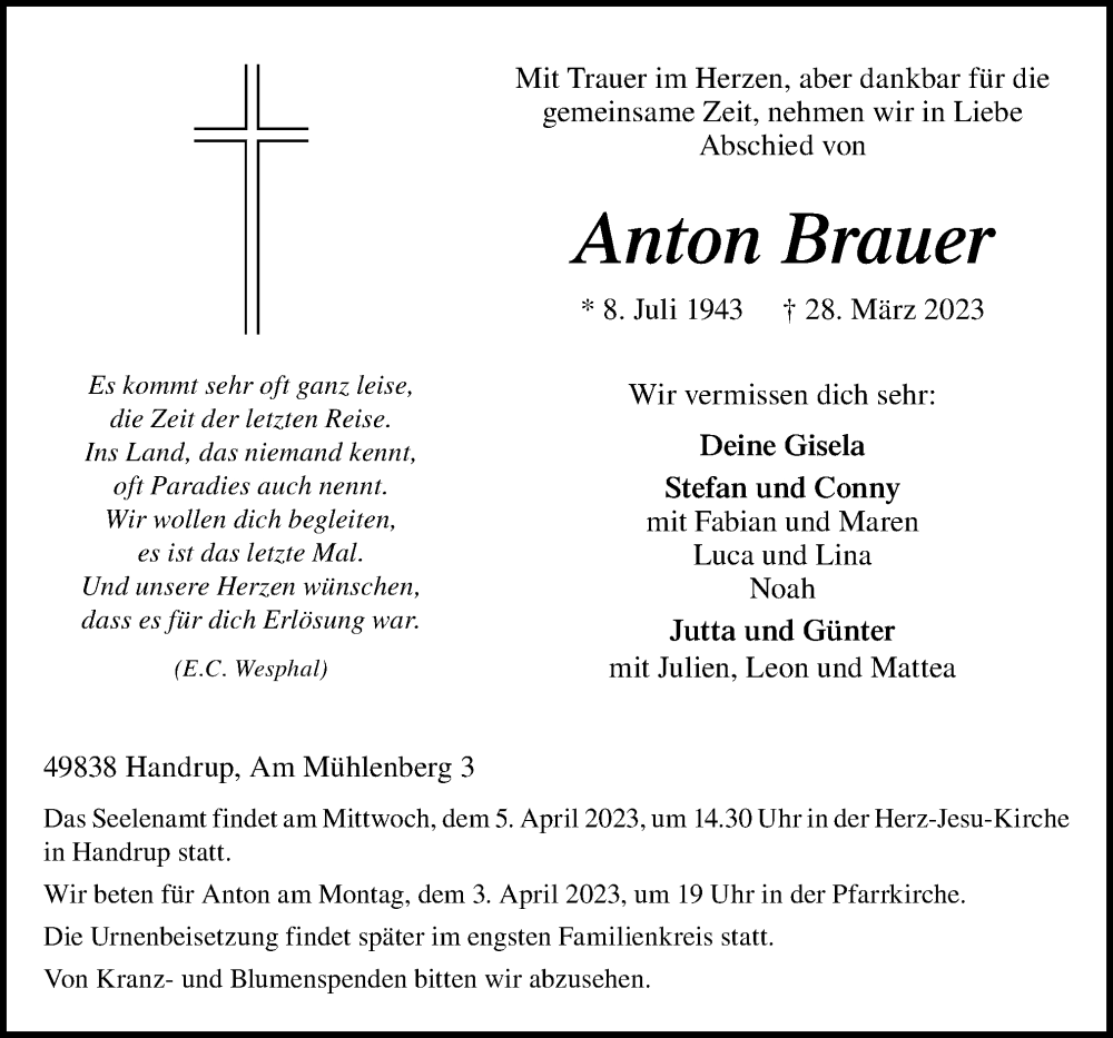  Traueranzeige für Anton Brauer vom 01.04.2023 aus Neue Osnabrücker Zeitung GmbH & Co. KG