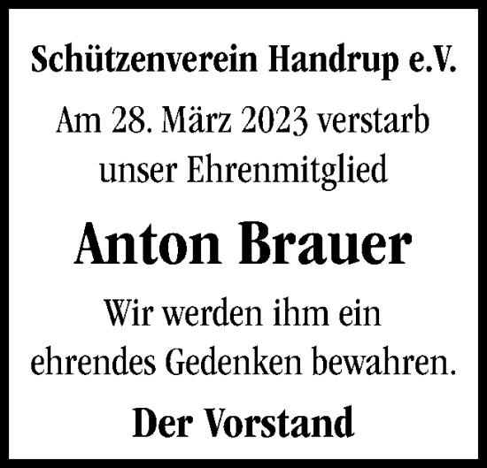 Traueranzeige von Anton Brauer von Neue Osnabrücker Zeitung GmbH & Co. KG