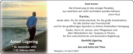 Traueranzeige von Anton Lügering von Neue Osnabrücker Zeitung GmbH & Co. KG