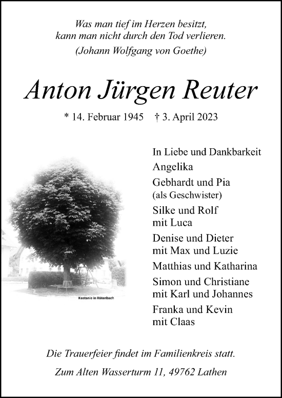 Traueranzeige von Anton Jürgen Reuter von Neue Osnabrücker Zeitung GmbH & Co. KG