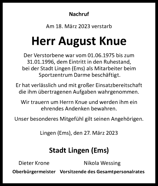 Traueranzeige von August Knue von Neue Osnabrücker Zeitung GmbH & Co. KG