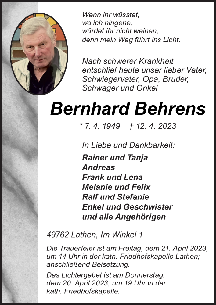  Traueranzeige für Bernhard Behrens vom 18.04.2023 aus Neue Osnabrücker Zeitung GmbH & Co. KG