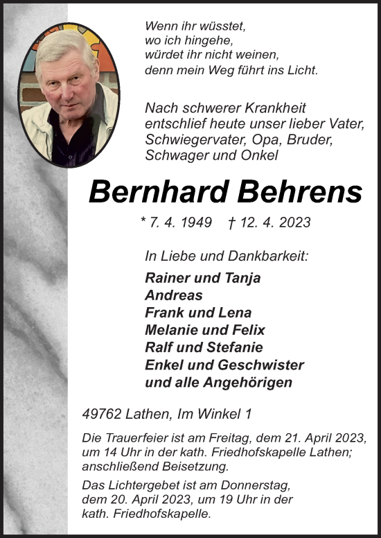 Traueranzeige von Bernhard Behrens von Neue Osnabrücker Zeitung GmbH & Co. KG