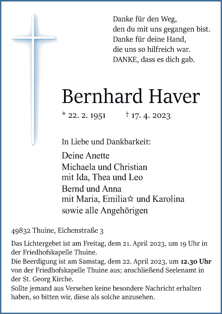  Traueranzeige für Bernhard Haver vom 20.04.2023 aus Neue Osnabrücker Zeitung GmbH & Co. KG