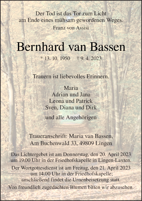 Traueranzeige von Bernhard van Bassen von Neue Osnabrücker Zeitung GmbH & Co. KG