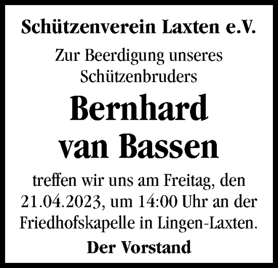 Traueranzeige von Bernhard van Bassen von Neue Osnabrücker Zeitung GmbH & Co. KG