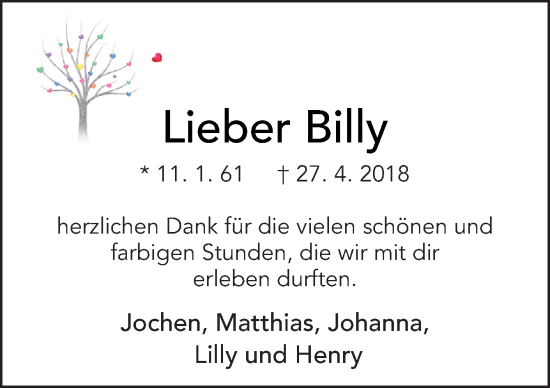 Traueranzeige von Billy  von Neue Osnabrücker Zeitung GmbH & Co. KG
