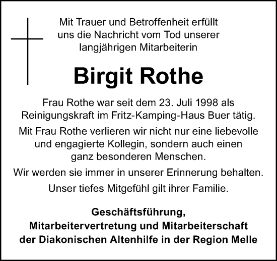 Traueranzeige von Birgit Rothe von Neue Osnabrücker Zeitung GmbH & Co. KG