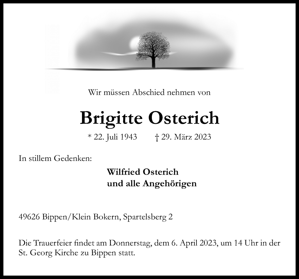  Traueranzeige für Brigitte Osterich vom 01.04.2023 aus Neue Osnabrücker Zeitung GmbH & Co. KG