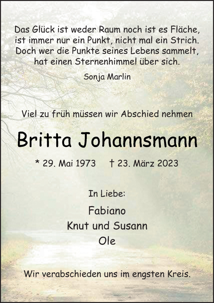  Traueranzeige für Britta Johannsmann vom 01.04.2023 aus Neue Osnabrücker Zeitung GmbH & Co. KG