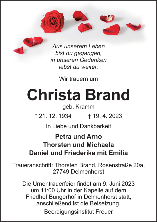 Traueranzeige von Christa Brand von DK Medien GmbH & Co. KG